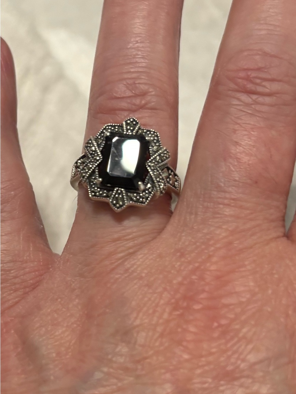 Sterling Silver Black Onyx and Marcasite Vintage-Style Cocktail Ring